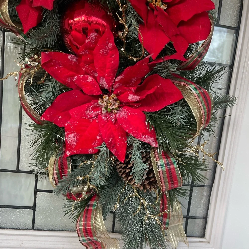 **Red Poinsettia Christmas Teardrop Swag Wreath Front door